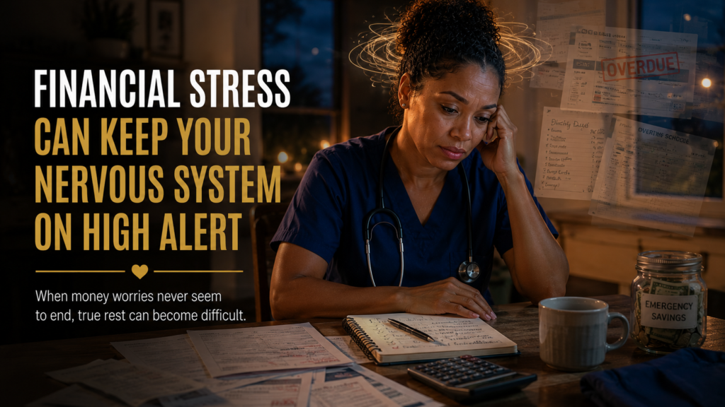 Registered nurse experiencing chronic financial stress while budgeting at home after work and worrying about unexpected expenses