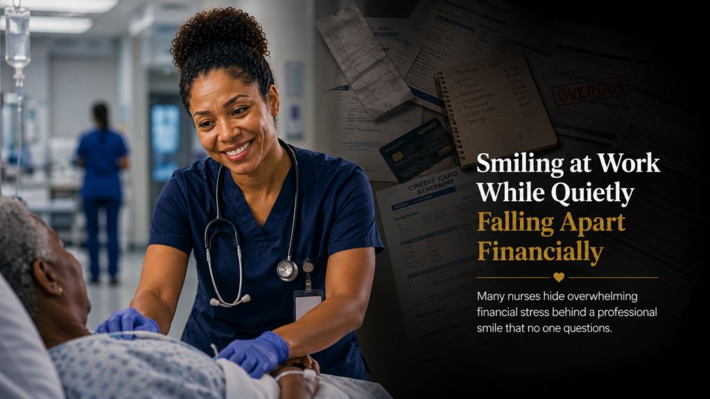 Nurses struggling financially while maintaining a professional appearance during a hospital shift