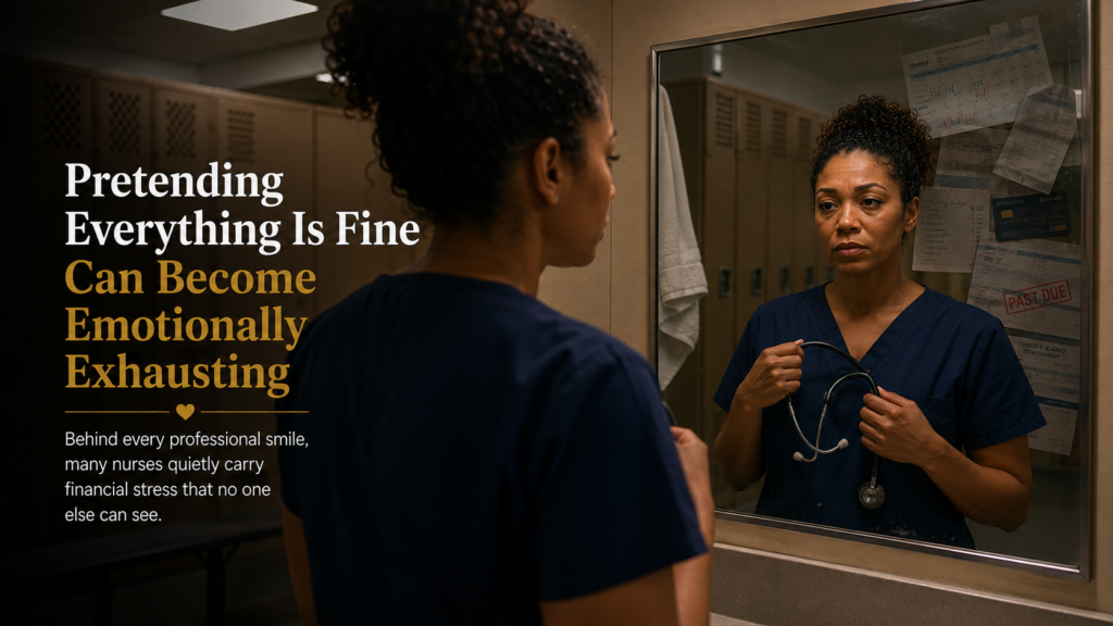 Nurses struggling financially while hiding emotional exhaustion behind a professional appearance