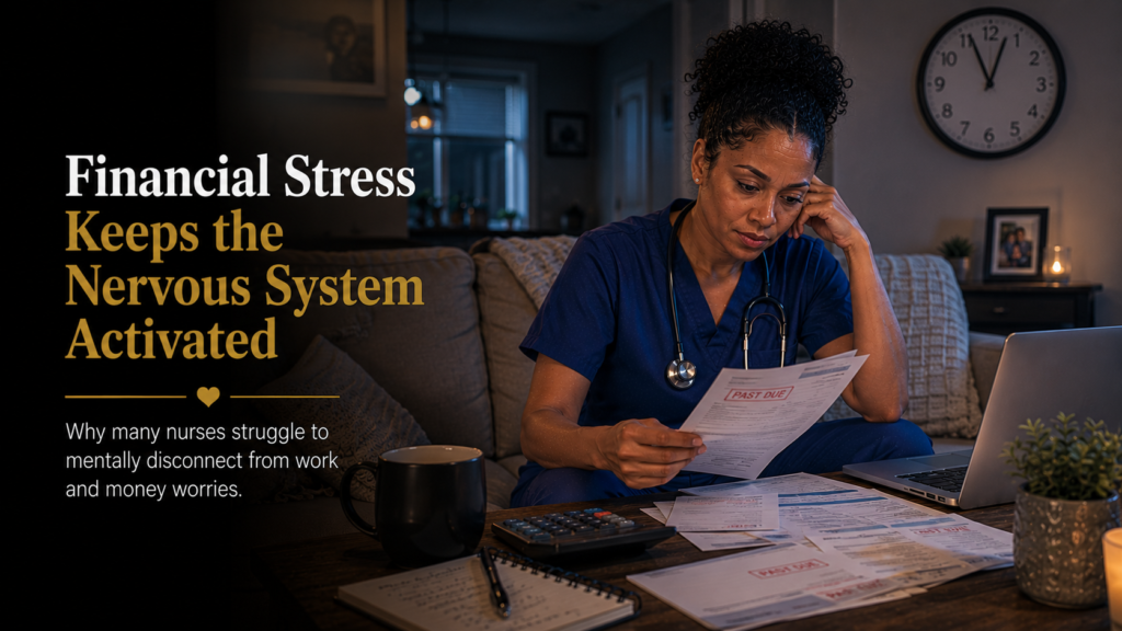 Registered nurse sitting at home after work feeling mentally exhausted as financial stress keeps the nervous system activated and prevents true rest.
