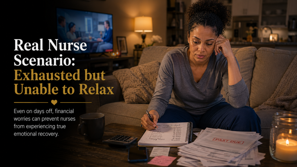 Registered nurse at home after work feeling mentally exhausted while worrying about bills, debt, and financial responsibilities instead of relaxing.