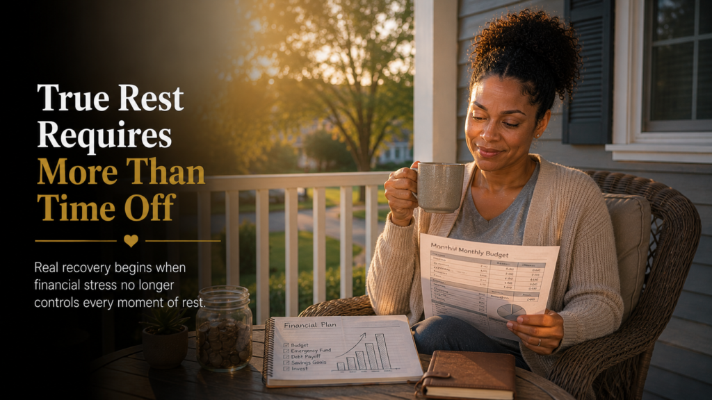 Registered nurse peacefully enjoying a day off after improving financial wellness, demonstrating that true rest requires emotional security as well as time away from work.