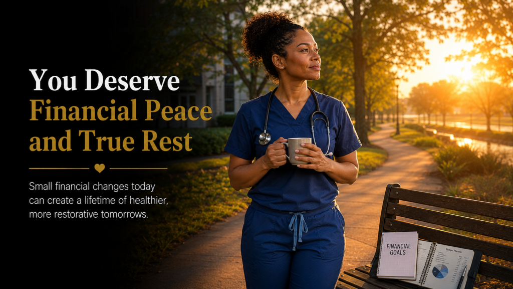 Registered nurse enjoying a peaceful sunrise after improving financial wellness, symbolizing hope, emotional recovery, financial confidence, and the ability to truly rest.