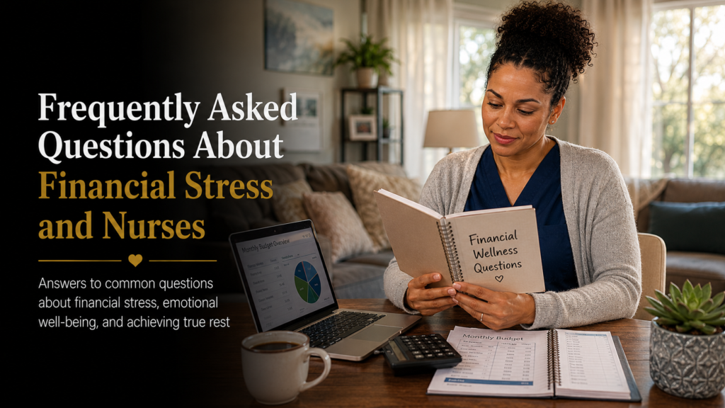 Registered nurse reviewing financial wellness resources at home while learning practical ways to reduce financial stress and achieve true emotional rest.