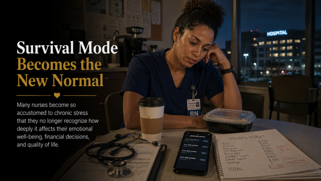Registered nurse sitting alone in a hospital break room after a long shift, reflecting on financial stress, emotional exhaustion, and the effects of living in survival mode.
