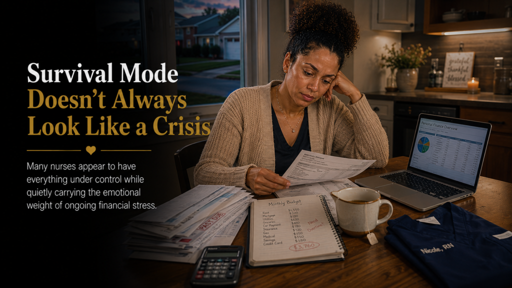 Registered nurse sitting at her kitchen table after work reviewing household bills and a monthly budget while feeling emotionally exhausted from ongoing financial pressure.