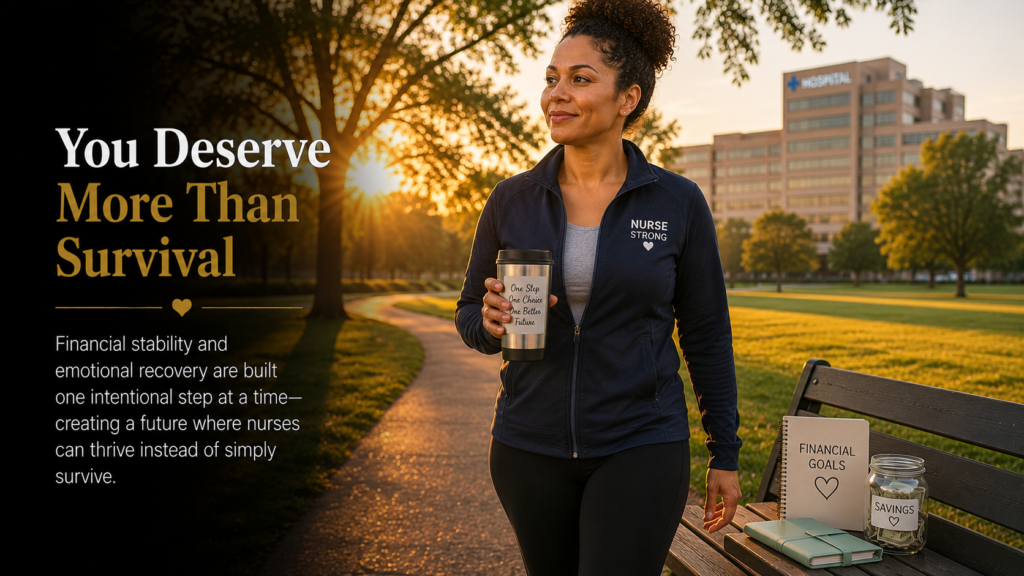 Registered nurse enjoying a peaceful sunrise walk while carrying a financial goals notebook, symbolizing freedom from lifestyle inflation, financial confidence, and long-term financial wellness.