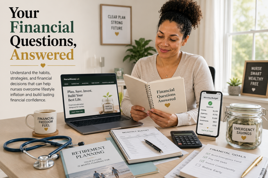 Registered nurse reviewing a budgeting notebook and personal finance resources at a home office desk, representing financial education, lifestyle inflation awareness, and long-term financial wellness for nurses