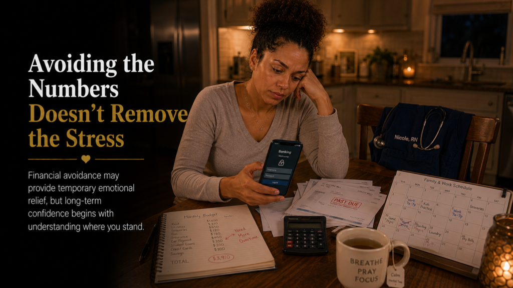 Registered nurse hesitating to open her banking app after work because of financial stress, illustrating why some nurses avoid checking their bank accounts during financial stress.