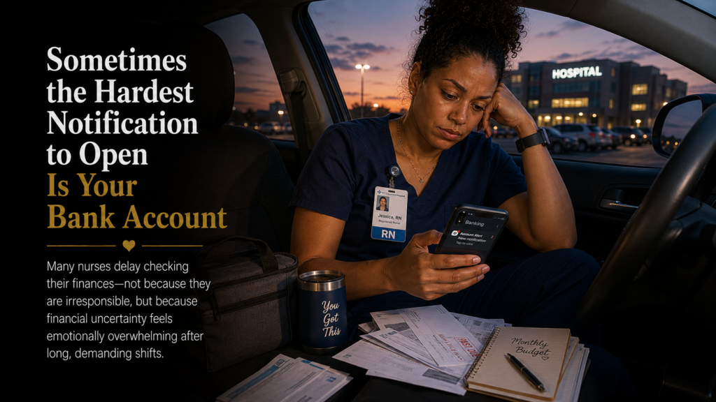 Registered nurse sitting in her car after work, hesitating to open a banking app notification because of financial stress, illustrating why some nurses avoid checking their bank accounts during financial stress.