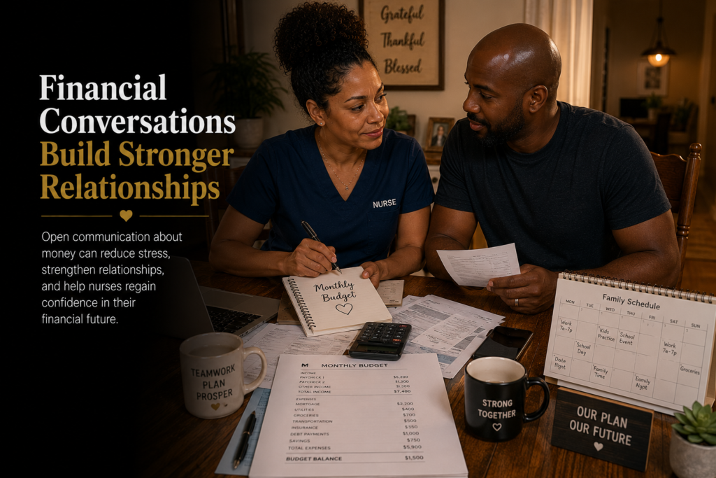 Registered nurse and spouse reviewing a household budget together, illustrating how honest financial conversations support mental well-being, stronger relationships, and reduced financial stress for nurses.