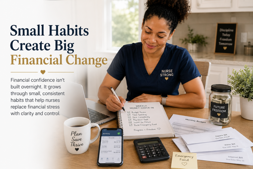 Registered nurse completing a weekly budget review and financial check-in at home, demonstrating small financial habits that help nurses regain control during periods of financial stress.