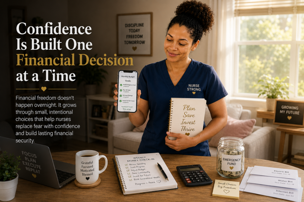Confident registered nurse reviewing financial goals and budgeting plans at home, illustrating how consistent financial decisions help nurses build confidence and overcome financial stress.