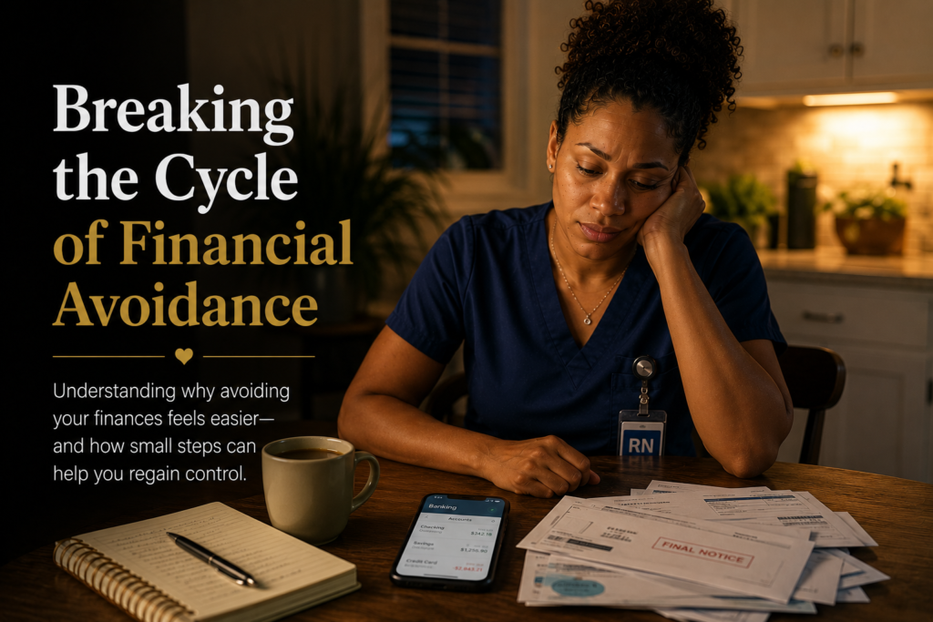 Black registered nurse hesitating to purchase supportive work shoes after a long shift, illustrating financial guilt and the struggle to invest in personal well-being.