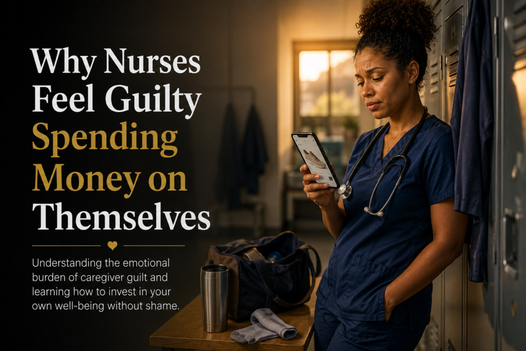 Black registered nurse feeling conflicted about buying new work shoes, representing the emotional guilt many nurses experience when spending money on themselves.