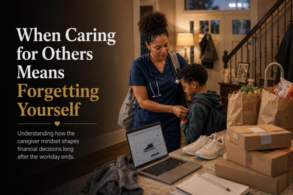 Registered nurse helping her family after work while postponing purchases for herself, illustrating caregiver guilt and self-sacrifice in personal finances.