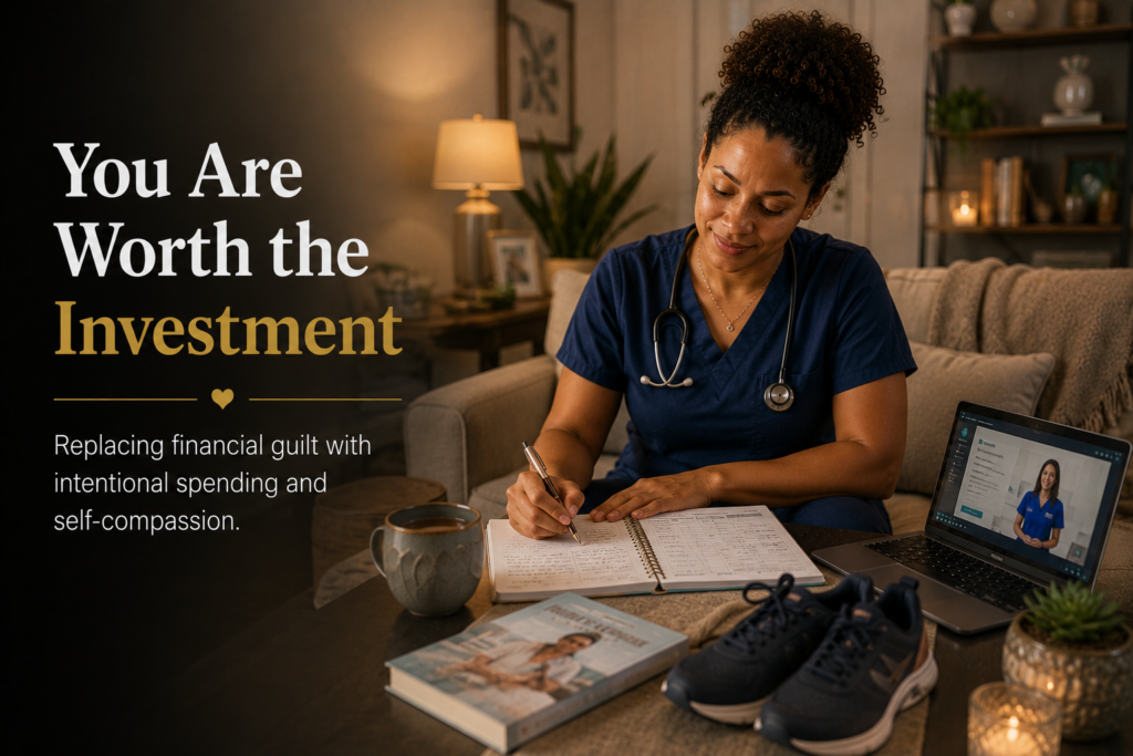 Black registered nurse peacefully reviewing her budget at home while embracing healthy financial habits and intentional self-care investments.