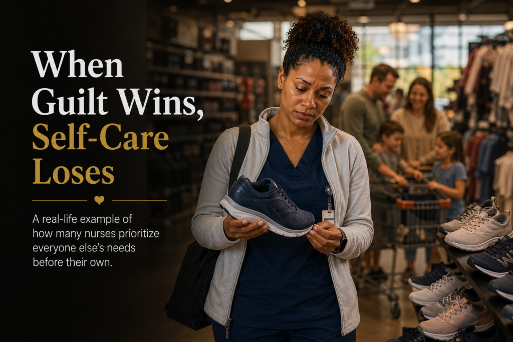 Black registered nurse hesitating to purchase supportive work shoes after a long shift, illustrating financial guilt and the struggle to invest in personal well-being.