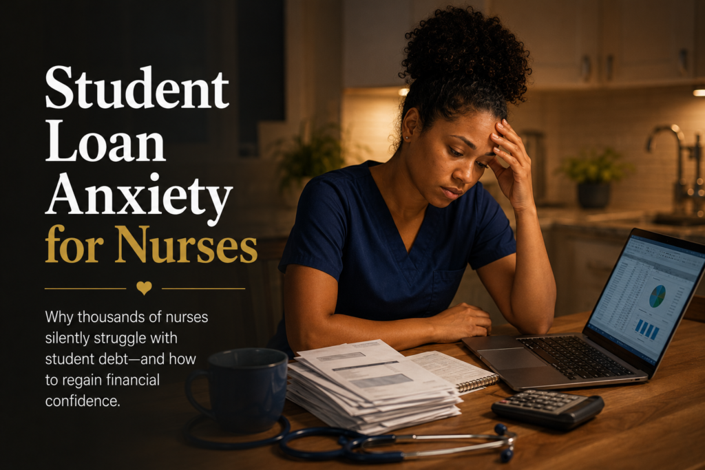 Student Loan Anxiety for Nurses — registered nurse reviewing student loan statements, budgeting documents, and financial plans at home.