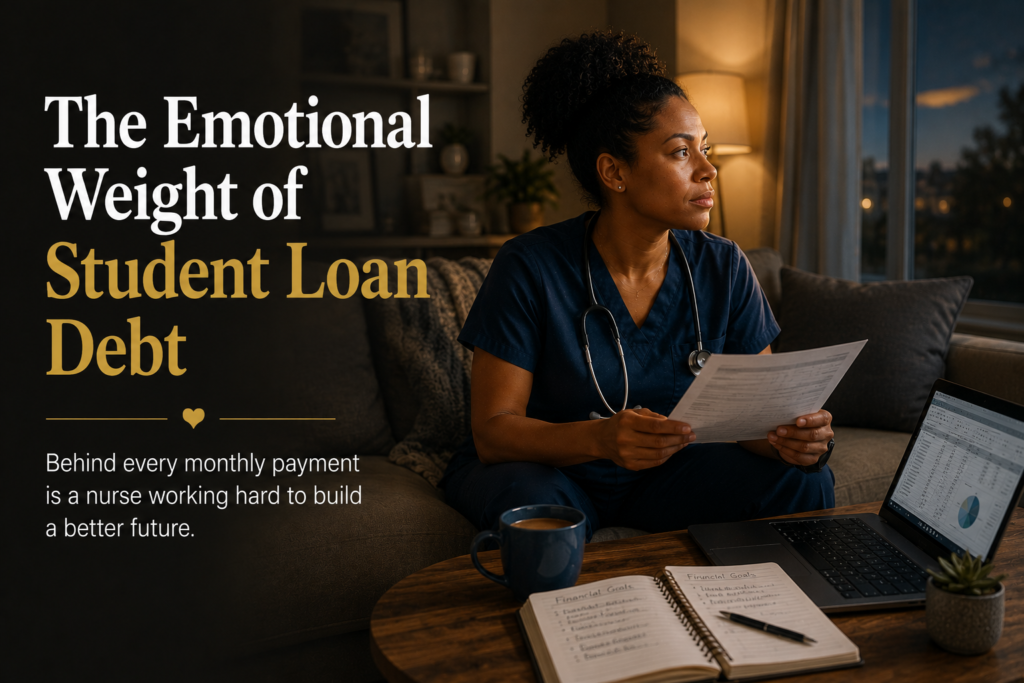 Student Loan Anxiety for Nurses — registered nurse reflecting on student loan debt while reviewing financial goals at home.