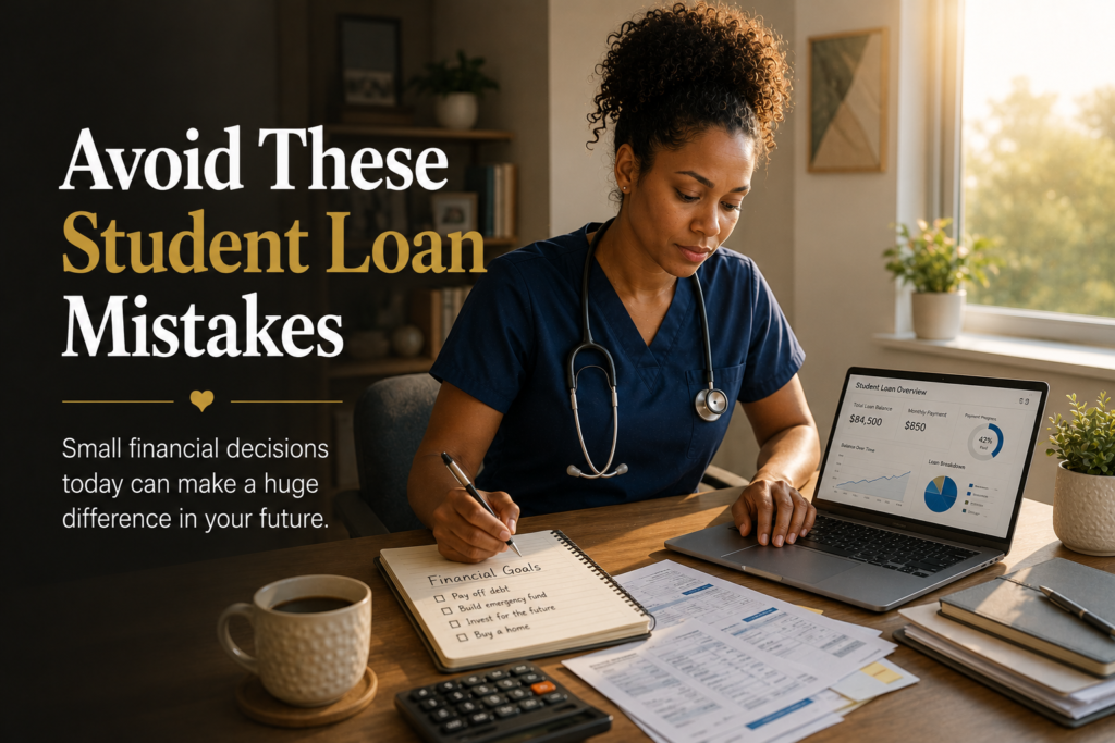 Student Loan Anxiety for Nurses — registered nurse confidently reviewing student loan repayment plans and financial goals at a home office.