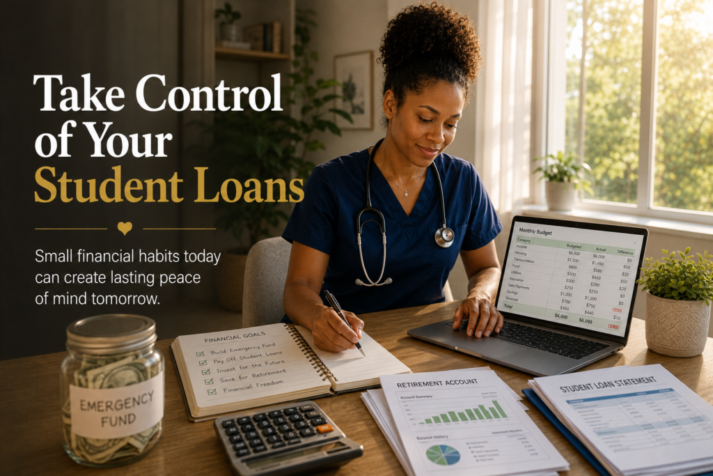 Student Loan Anxiety for Nurses — registered nurse creating a budget, organizing student loan repayment, and building financial confidence at home.