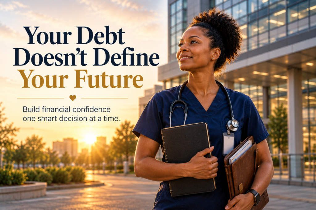 Student Loan Anxiety for Nurses — confident registered nurse embracing financial freedom and long-term wealth after managing student loan debt.