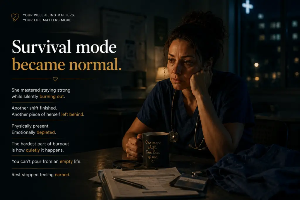Registered nurse reviewing household bills and a monthly budget at home after work, illustrating how ongoing financial stress keeps the nervous system activated and makes it difficult to relax.