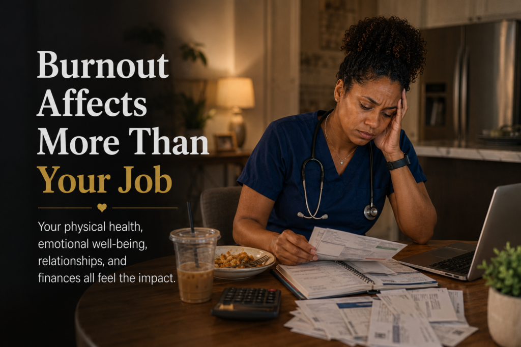 Exhausted nurse reviewing bills at home after work, illustrating the physical, emotional, and financial effects of nurse burnout.