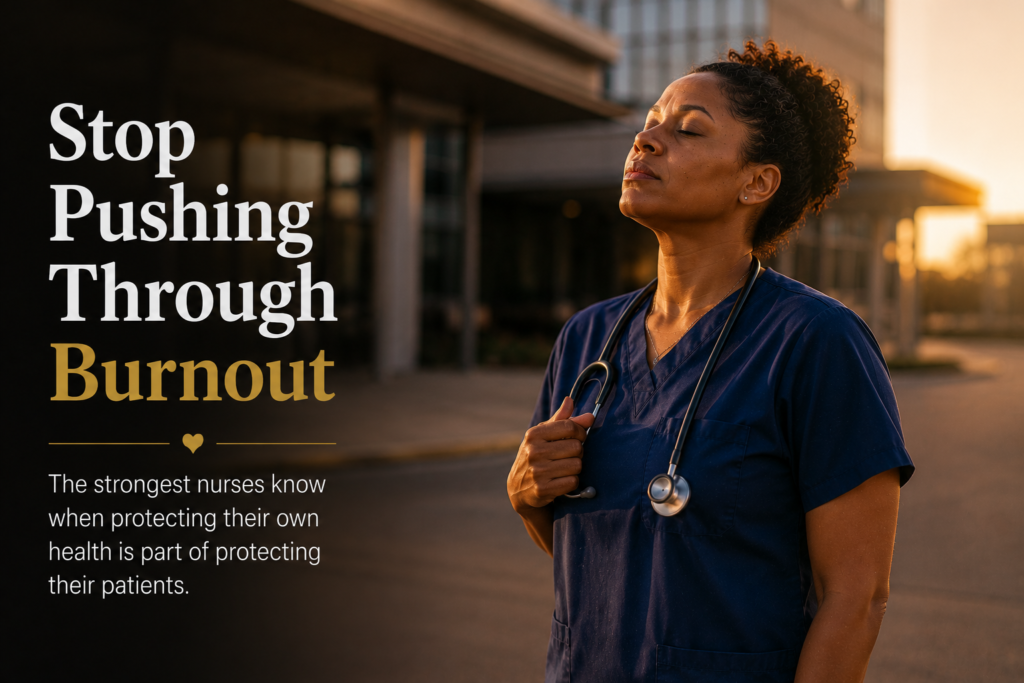 Registered nurse outside a hospital after an overnight shift, illustrating why continually pushing through burnout is harmful to both nurses and patient care.