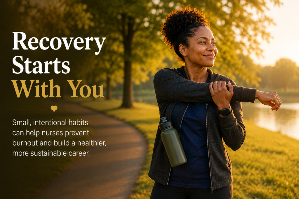 Registered nurse practicing self-care outdoors before work, illustrating healthy strategies to prevent and recover from nurse burnout.