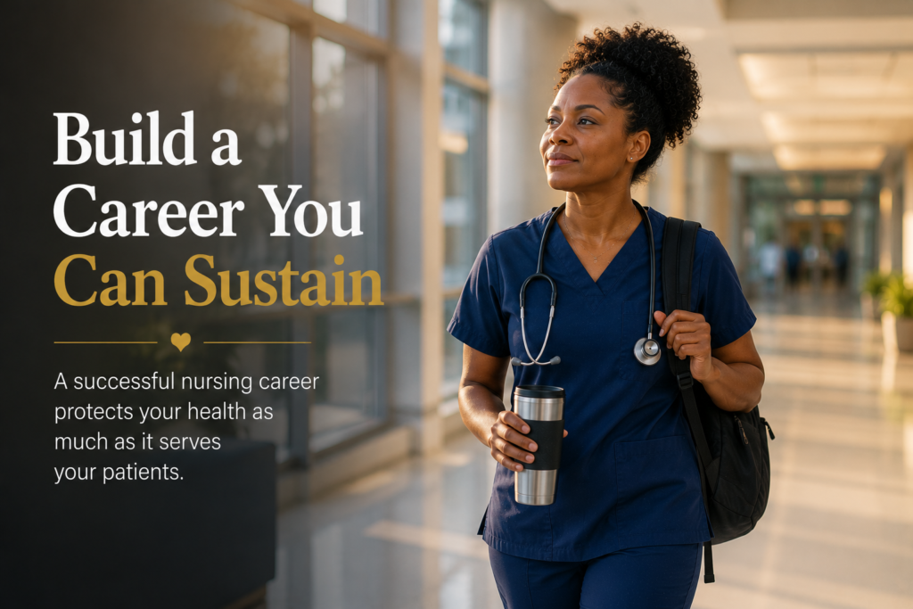 Confident registered nurse beginning a hospital shift, representing a sustainable nursing career built on balance, resilience, and long-term well-being.