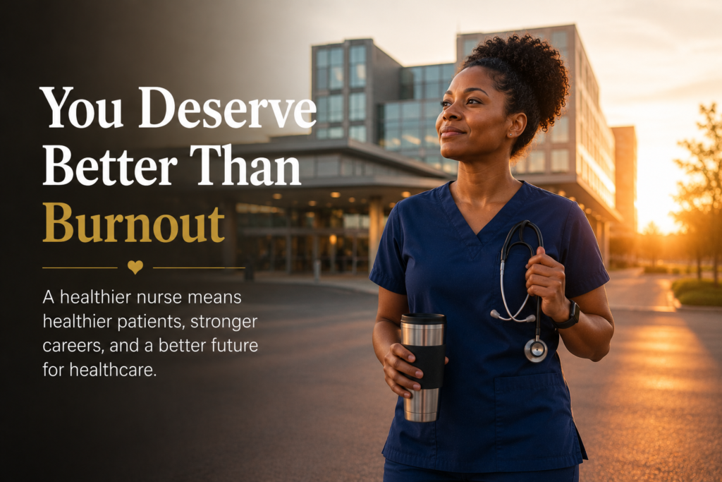 Confident registered nurse standing outside a hospital at sunrise, representing hope, resilience, recovery from burnout, and a sustainable nursing career.