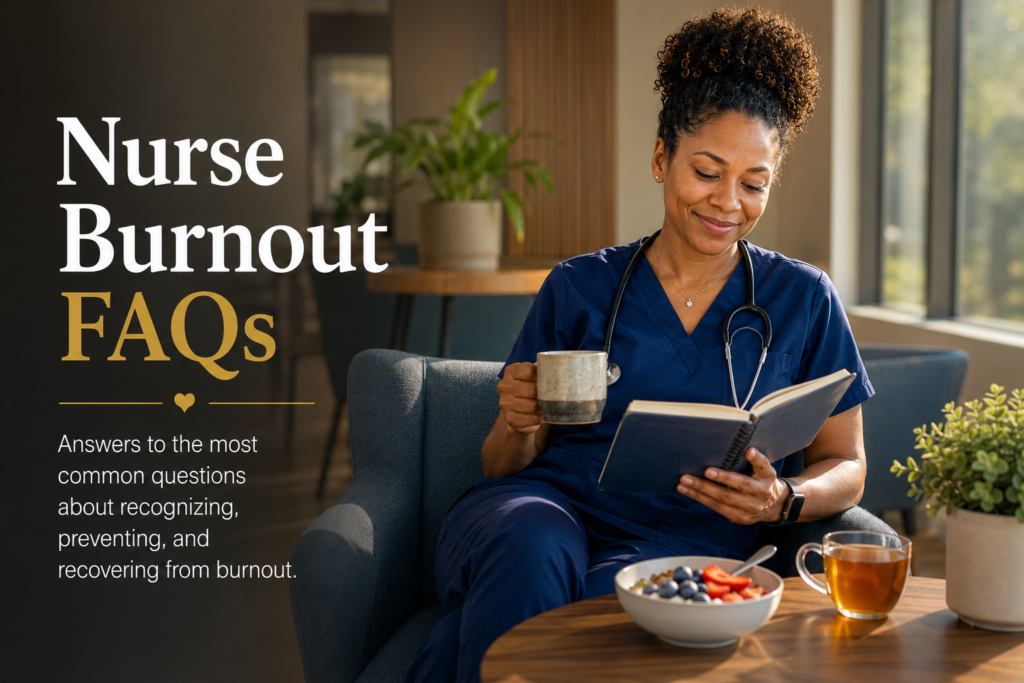 Registered nurse relaxing during a break in a hospital lounge, illustrating healthy recovery habits and answers to common questions about nurse burnout.