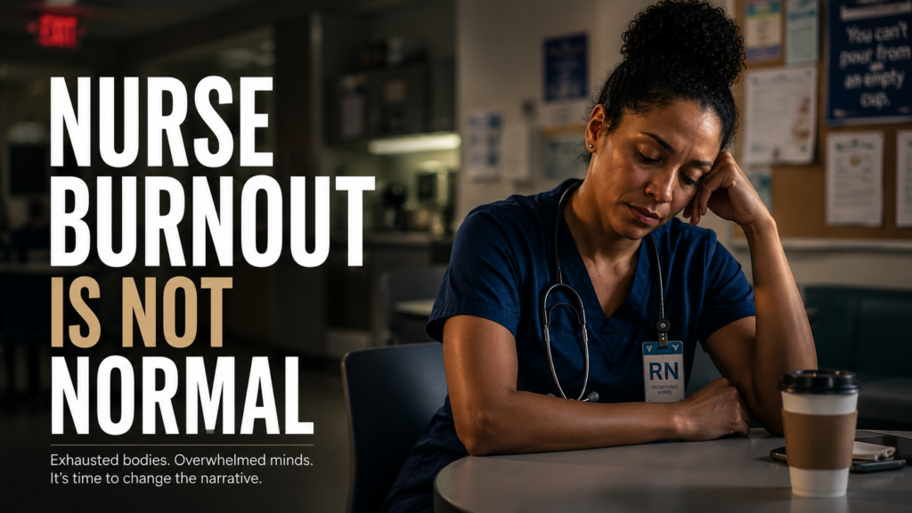 Exhausted registered nurse sitting in a hospital locker room after a long shift, illustrating nurse burnout and emotional fatigue.