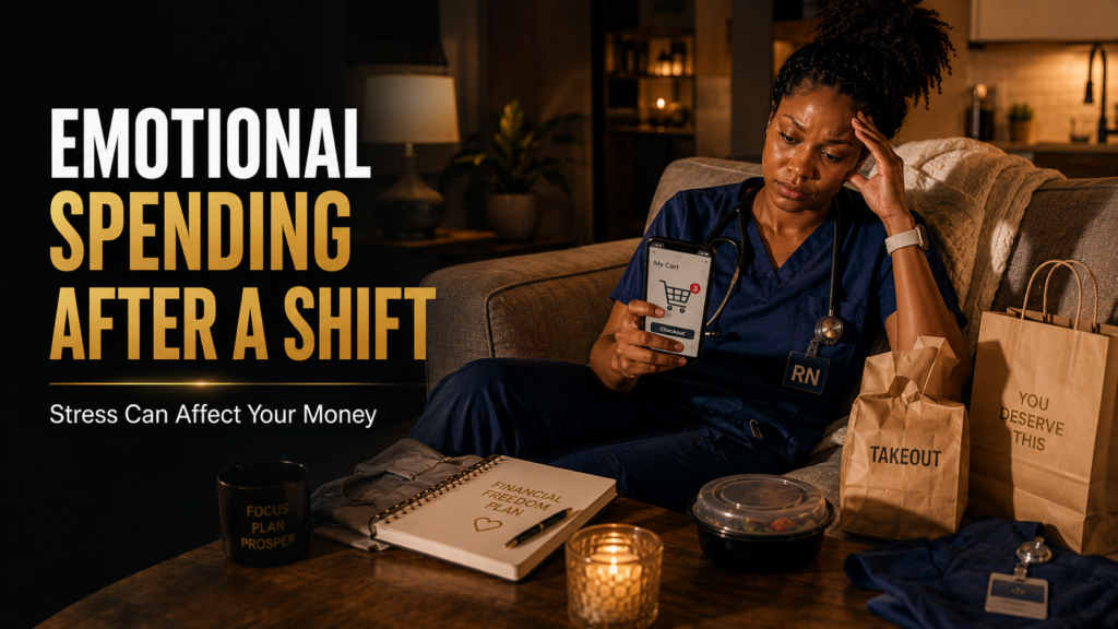 Nurse experiencing emotional spending after a stressful shift