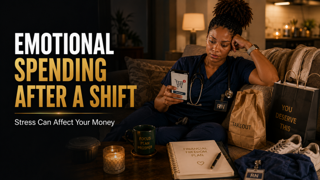 Nurse experiencing emotional spending after a stressful shift