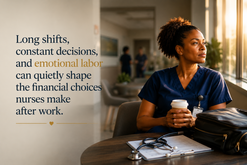 Registered nurse reflecting during a hospital break after a demanding shift, illustrating emotional spending for nurses, decision fatigue, and burnout.