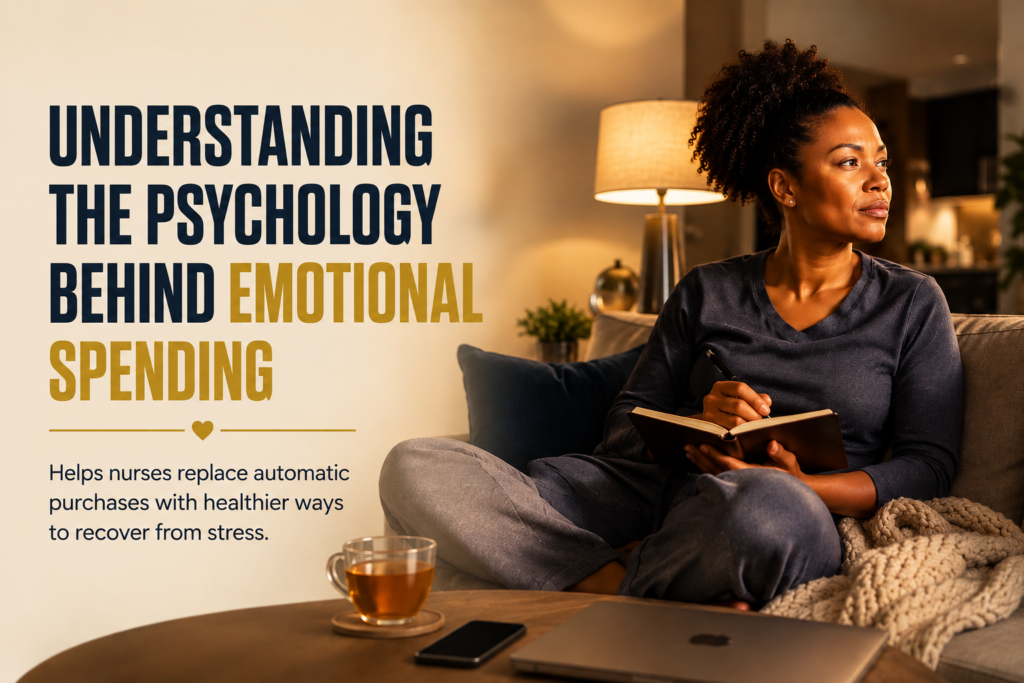 Black registered nurse practicing healthy stress recovery at home instead of emotional spending after a demanding hospital shift.