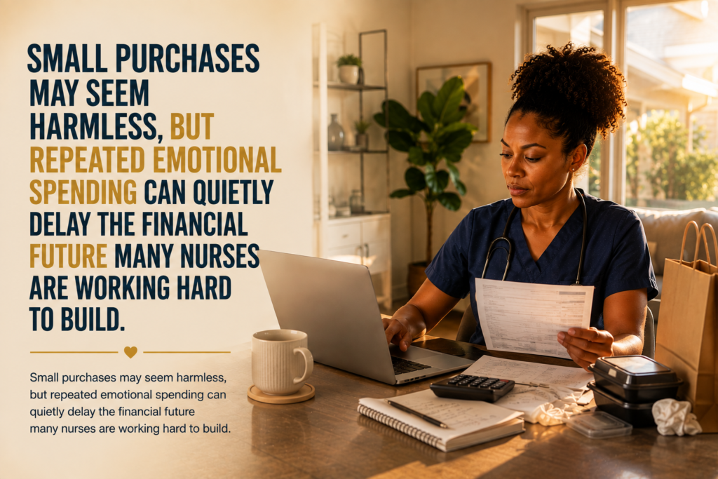 Black registered nurse reviewing a monthly budget after recognizing the hidden financial cost of emotional spending and burnout.