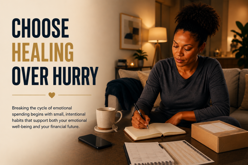 Black registered nurse practicing healthy post-shift recovery and budgeting instead of emotional spending after work.